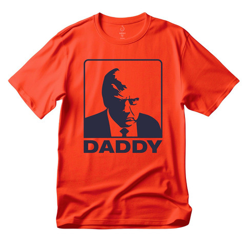 Trump in the style of a Frank Miller cartoon tough-guy, black ink on orange T-shirt.